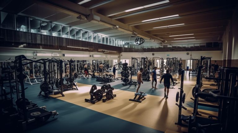 A gym, with people working out and talking to one another. There is a bunch of different equipment, like benches, dumbbells, and barbells.