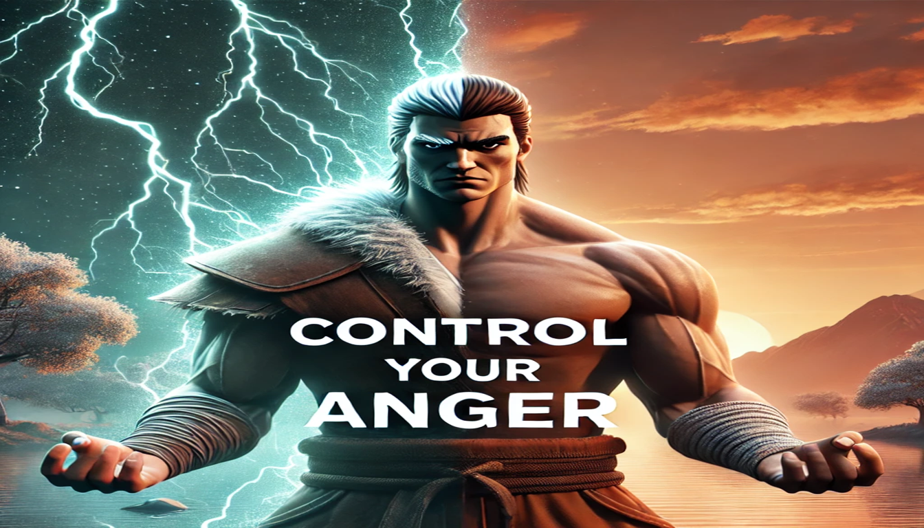 There is a muscular man wearing leather armor, with text over the image saying Control your anger. The image is split down the middle, one half has lightening the other looks peaceful with a sunset.