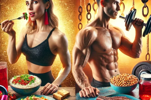 A muscular woman and man, standing at a table full if healthy food like veggies and meat. There are dumbbells, and barbells in the background. The woman is eating the food while the man is curling a dumbbell.