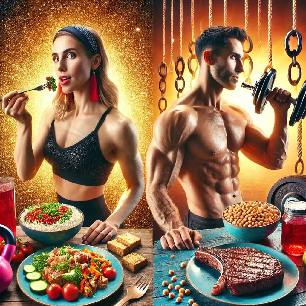 A muscular woman and man, standing at a table full if healthy food like veggies and meat. There are dumbbells, and barbells in the background. The woman is eating the food while the man is curling a dumbbell.