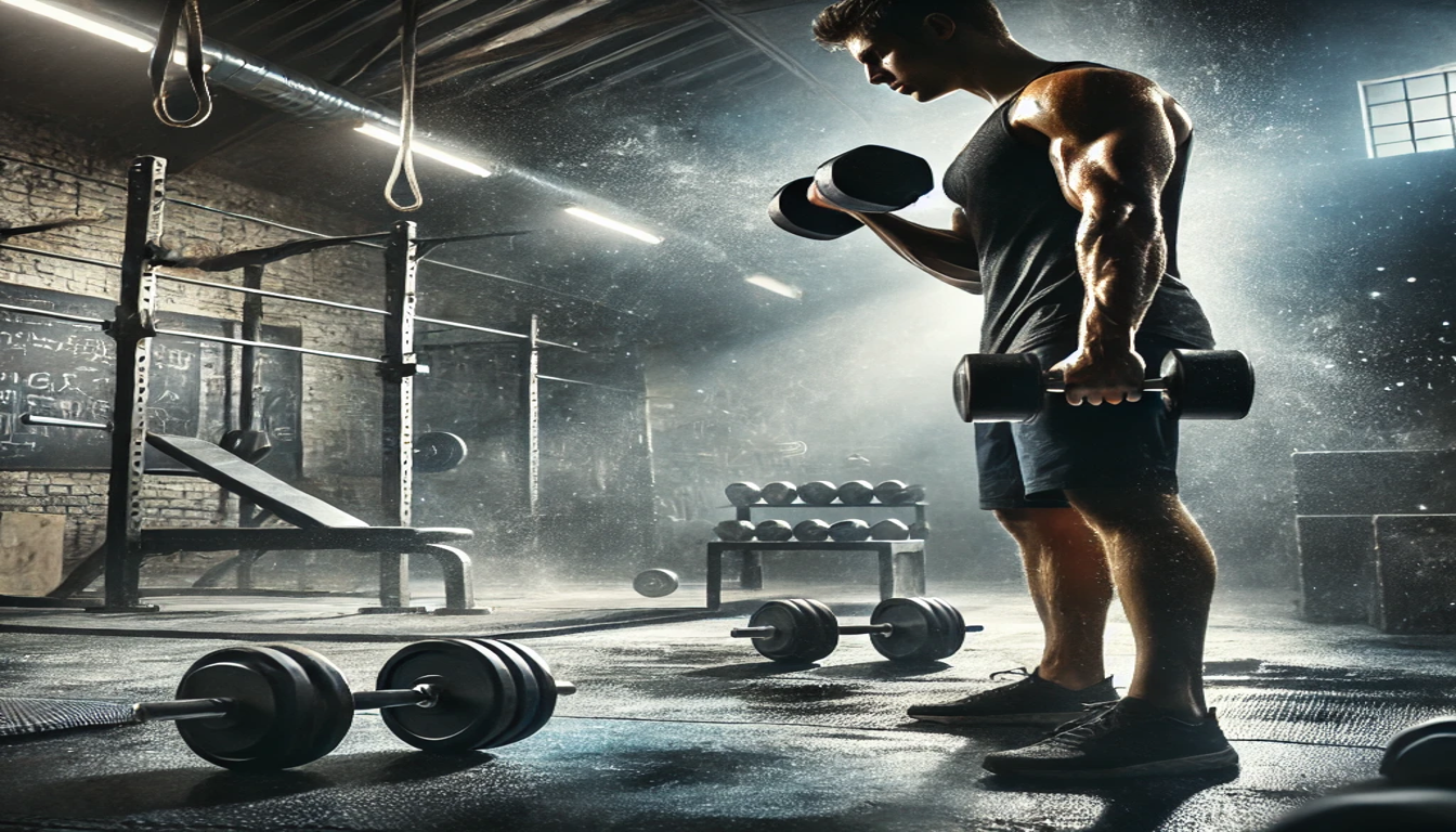 A man standing in a dark, dusty gym. He is curling a dumbbell in either arm. There is gym equipment scattered around the space.