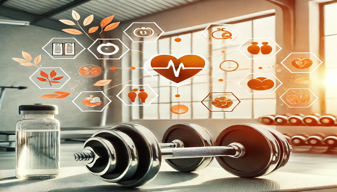 A pair of dumbbells on a gym floor. There are multiple floating symbols of things like a heart, a chart, people, and fruit.