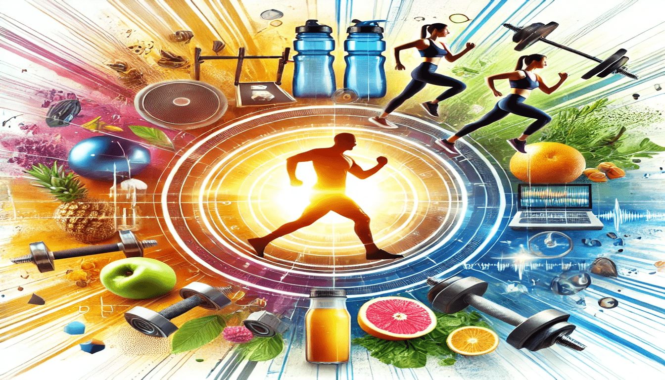 The silhouette of a man jogging, surrounded by two women jogging, dumbbells, a barbell, fruit, juice, and other shapes.