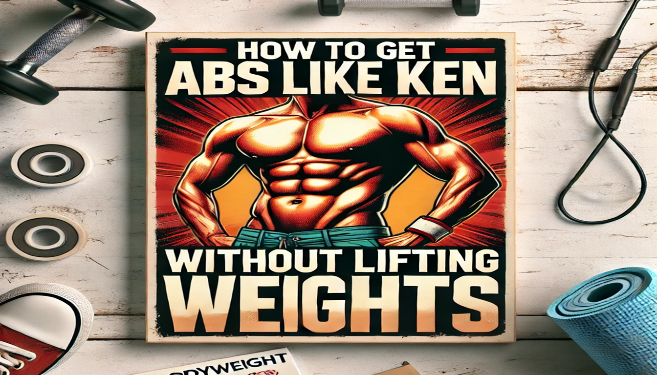 The poster has a shirtless man in the center with text around him saying get abs like ken without lifting weights. There is a propaganda poster lying on a table full of workout equipment.