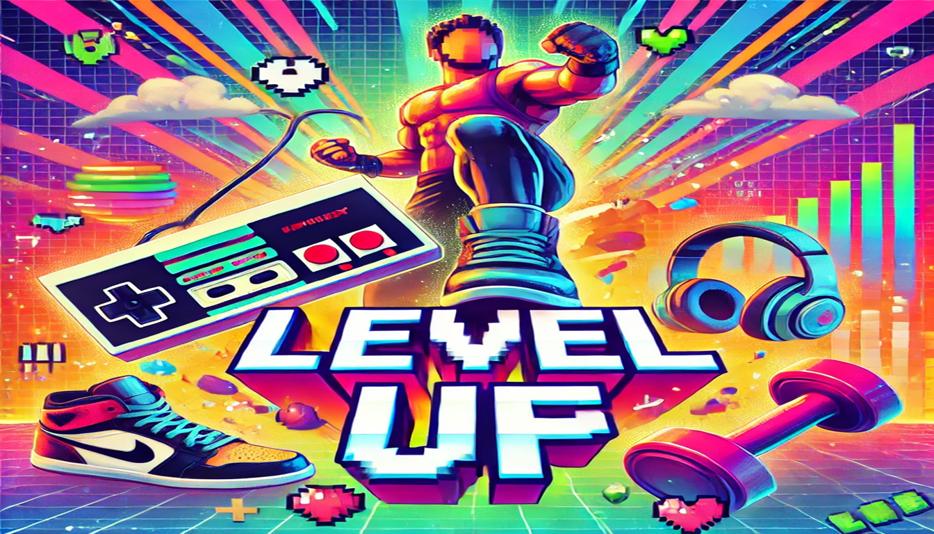 A bright and colorful image of a man standing on floating text that reads "level up". He is surrounded by old-school gaming icons and symbols.