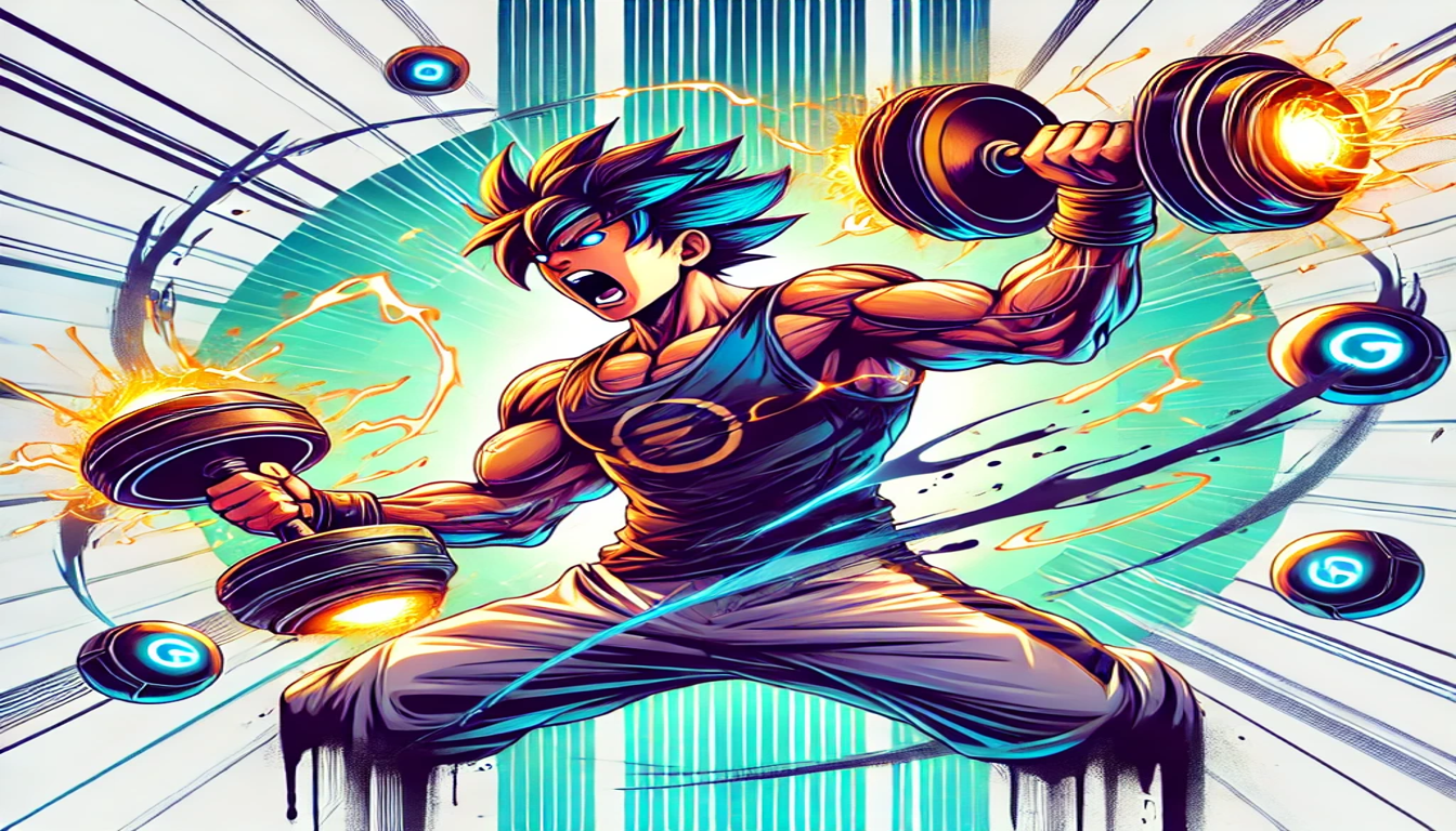 Anime workouts to raise your power level over 9000 cover image. A flashy image of Dragon Ball character, Goku, holding a dumbbell in either hand. He has floating, glowing balls rotating around him as he appears to be yelling.