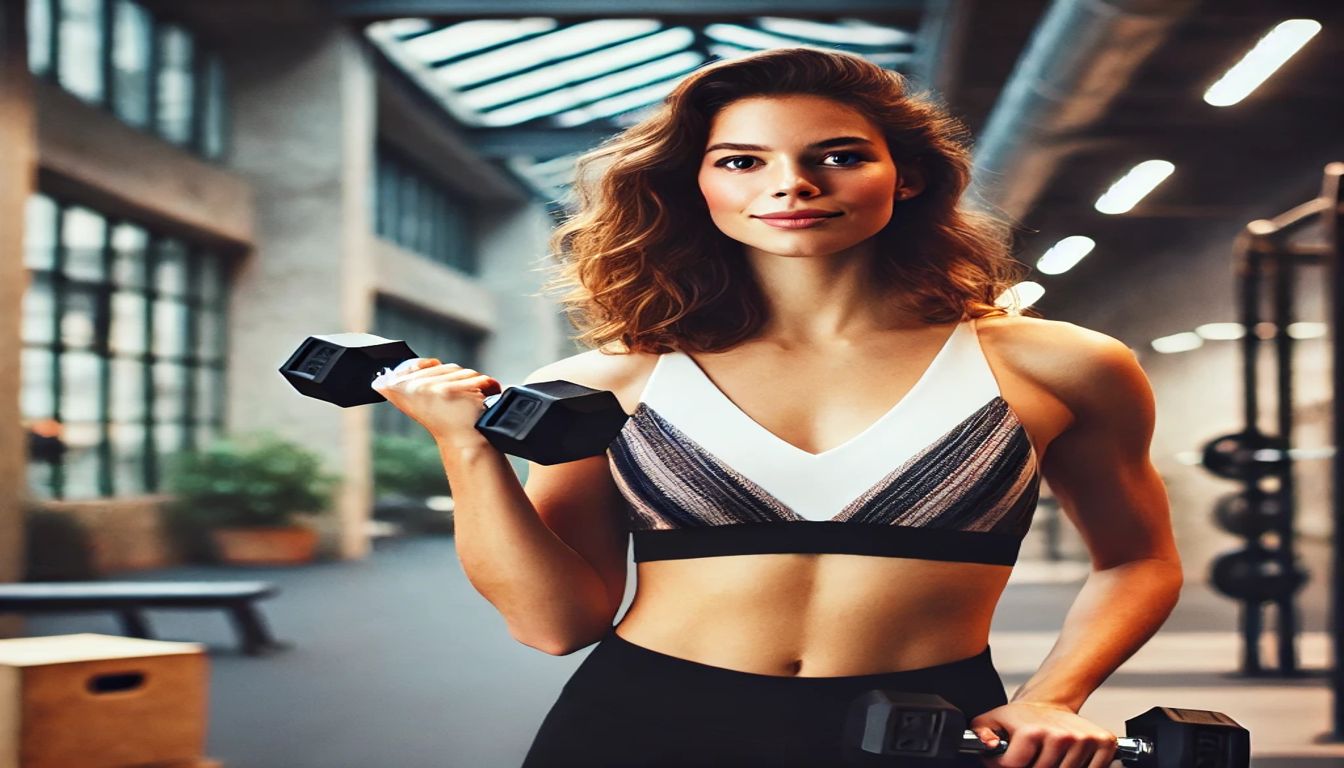 A brave looking woman holding a dumbbell in each hand, standing close up to our view. She is in a gym and her outfit has a mismatched top and bottom.