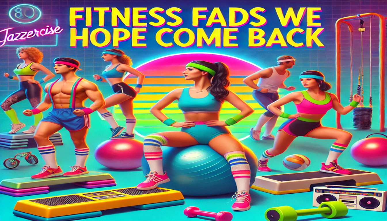 A retro fitness fads poster image that looks like its from the 80s-90s. It has bright neon colors and people wearing those colored workout gear. There is floating text reading "fitness fads we hope come back". They have old-school workout equipment like yoga balls, riser steps, and sweatbands on. They appear to be fitness fads from the past.