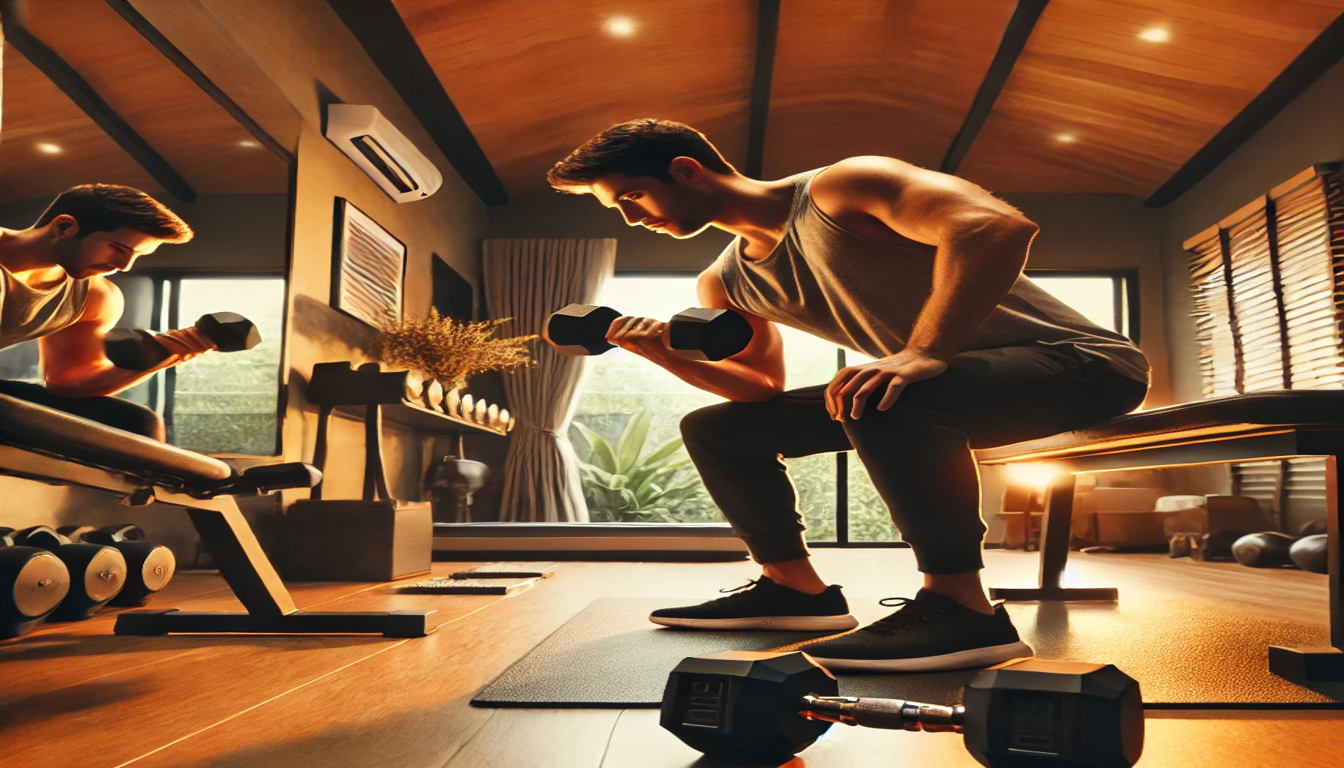 A man sitting on a bench, doing a single arm bicep curl with a dumbbell. He is in a gym, which has a very clean and modern look to it.