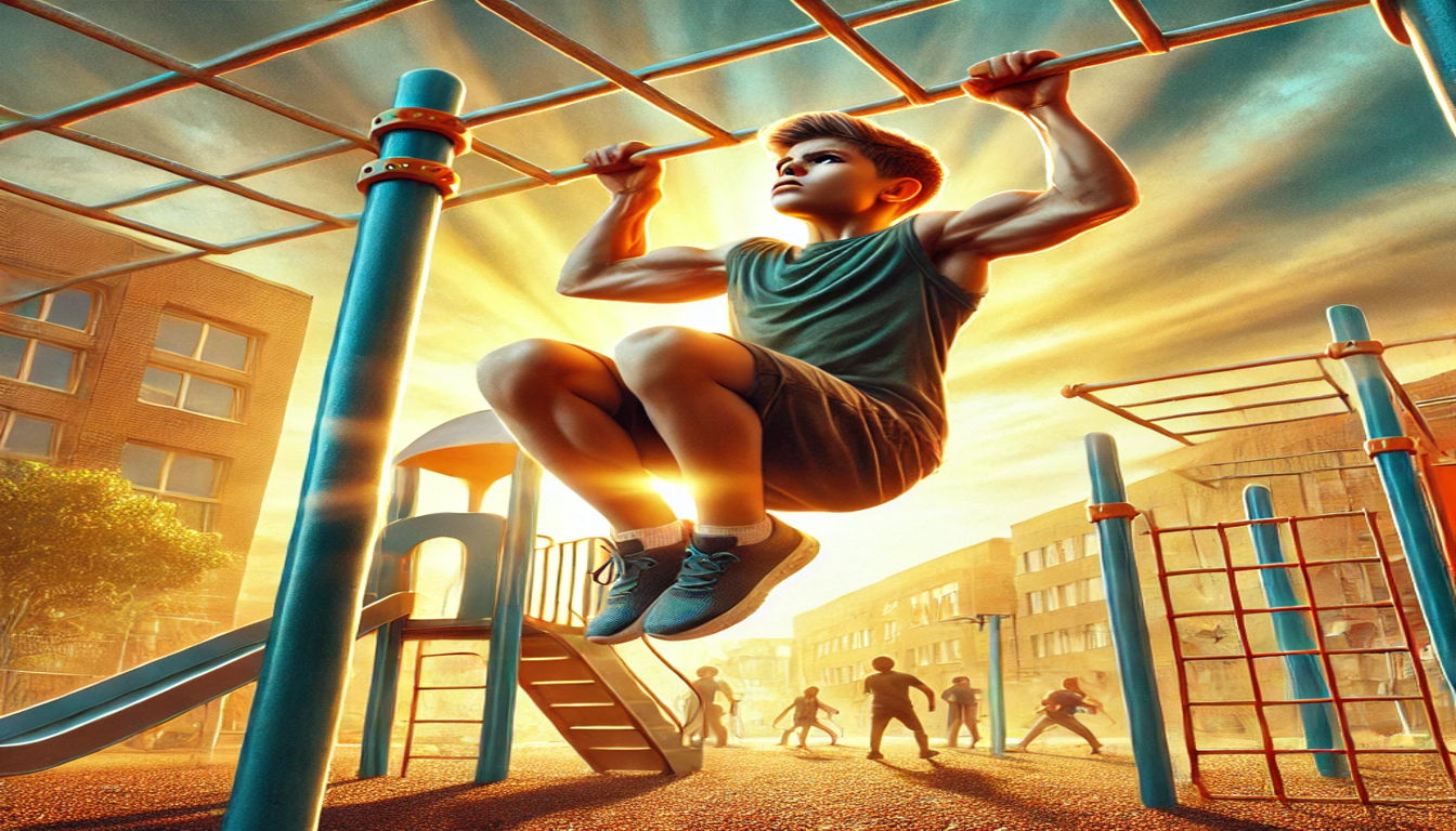 Titled "Create the strongest specimen on the playground". A young boy is doing a pull-up on a playground while other kids play in the background.