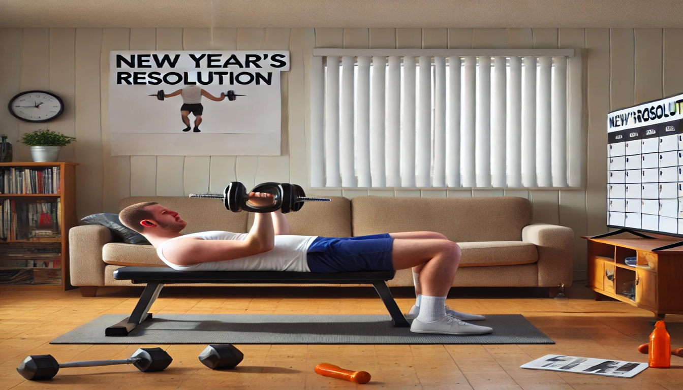 A man is working out in his home on a bench, laying down and using to dumbbells. There are more weights on the ground.