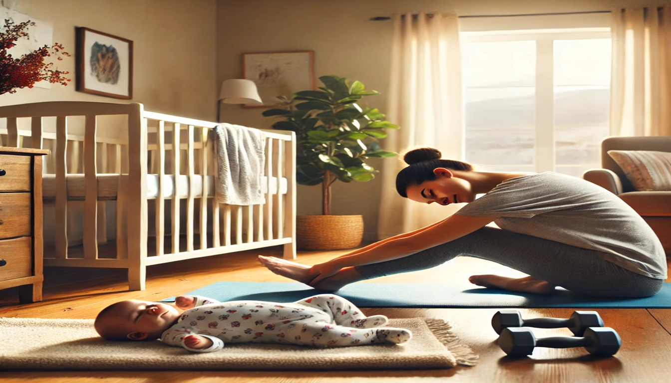 A mother doing a quiet workout next to her baby. A mother in stretching on a yoga mat next to her baby and a pair of dumbbells. They appear to be in the baby's bedroom, with a crib and dresser.