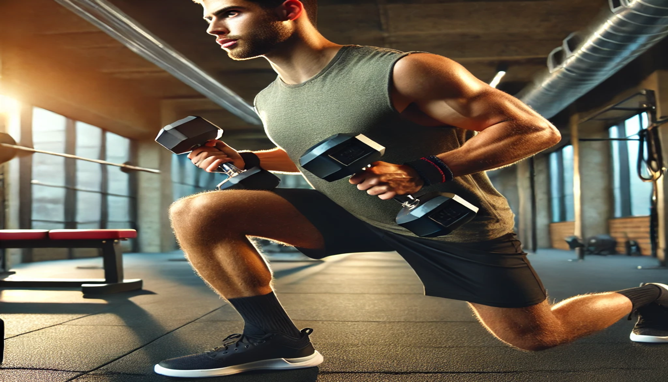 A man holding a dumbbell in each hand, he is doing lunges in a gym.