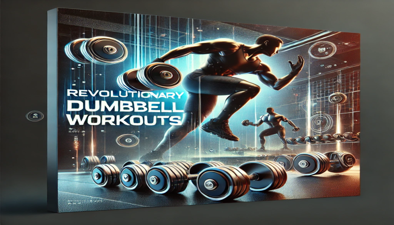 There is a very tall man in the foreground, with an other man in the background,. They're both holding dumbbells, and they're surrounded by dumbbells. There is text over the image reading "Revolutionary dumbbell workouts".