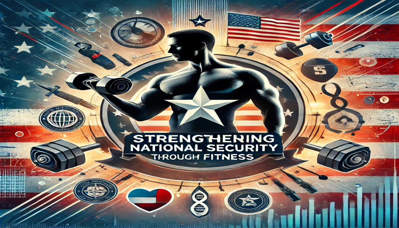 A man curling a dumbbell, the background is an American flag. He is surrounded by dumbbells, knives, medals, and stars.