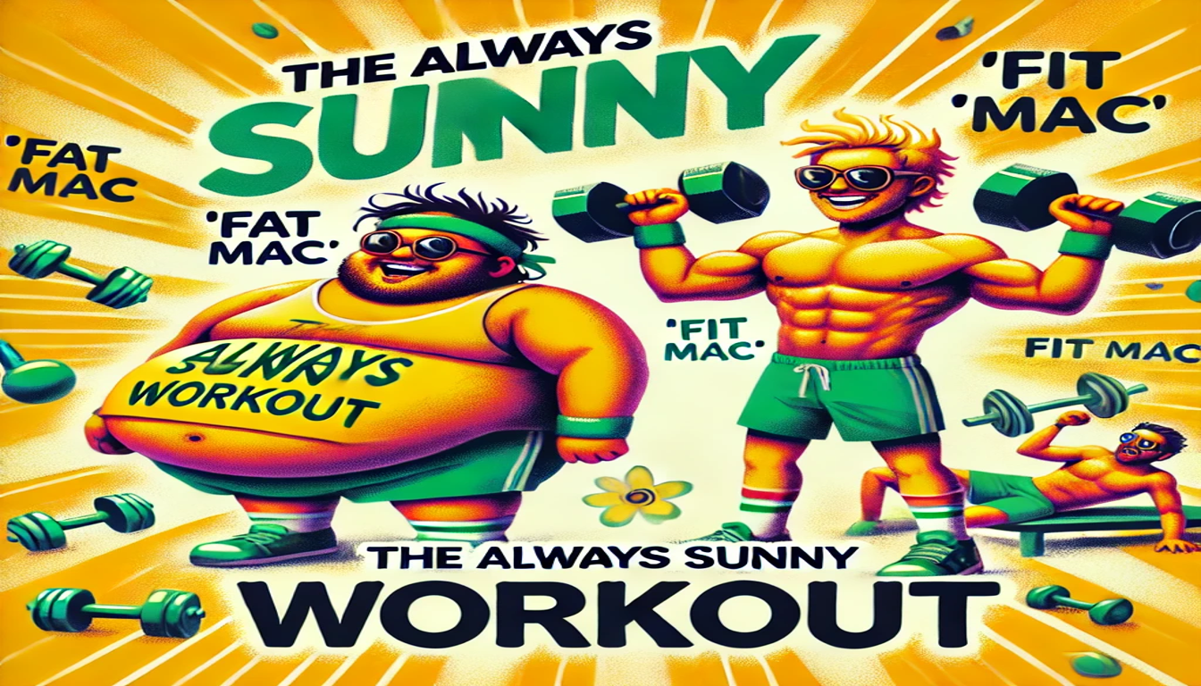 There is a larger man on the left next to a fit man on the right. The fit man is holding dumbbells, they're both surrounded by dumbbells and a barbell. There is floating text reading "Thats always sunny" "fit mac" "the always sunny workout".