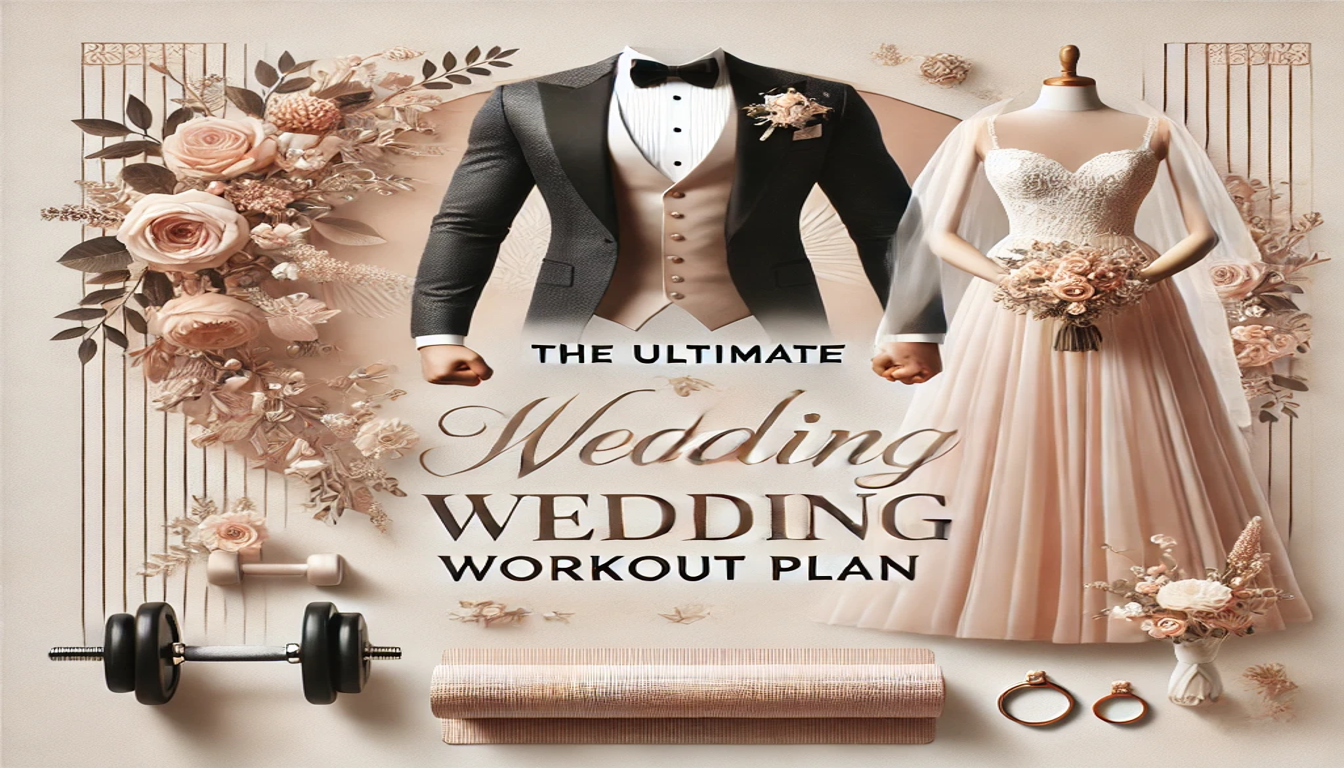 The image is titled "The ultimate wedding workout plan". There is a mans tuxedo next to a woman's wedding dress surrounded by flowers and dumbbells.