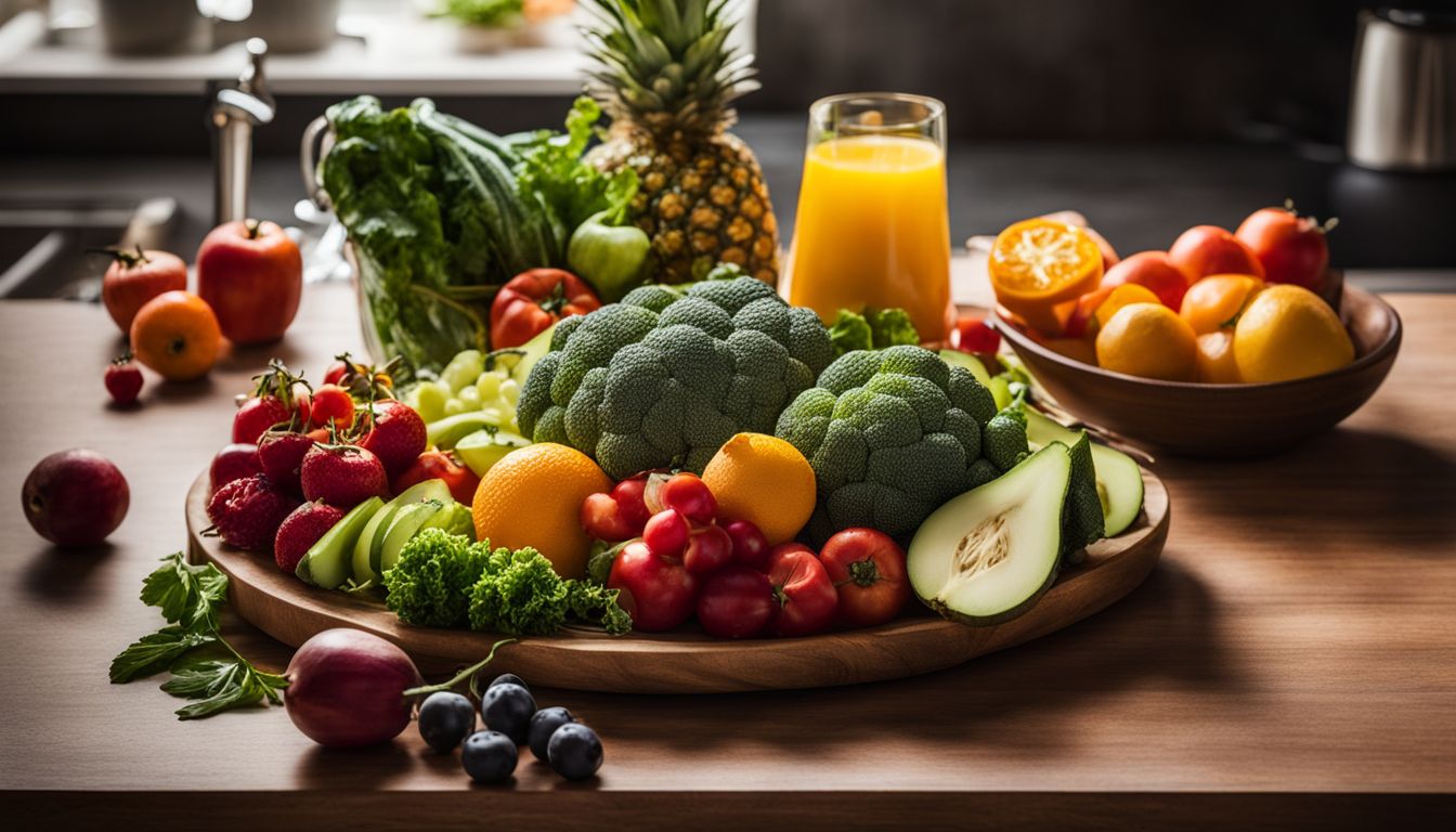 A table, with a plate of fruit and veggies on it. There is also a glass of orange juice next to it.