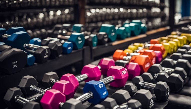 14 Strength Training Benefits cover image. We see a large row of multicolored dumbbells of various weights and sizes.