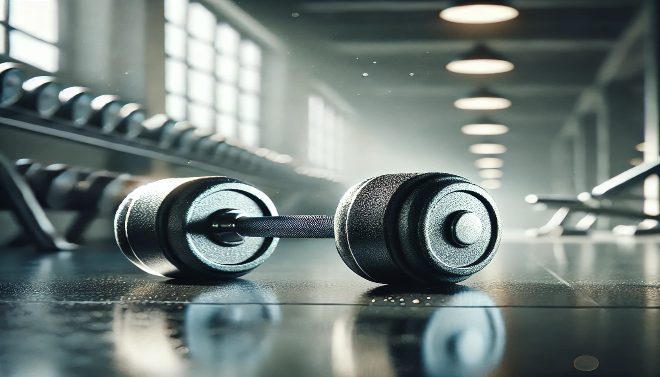 A clean gym, with a singular dumbbell laying on the floor in front of a dumbbell rack.