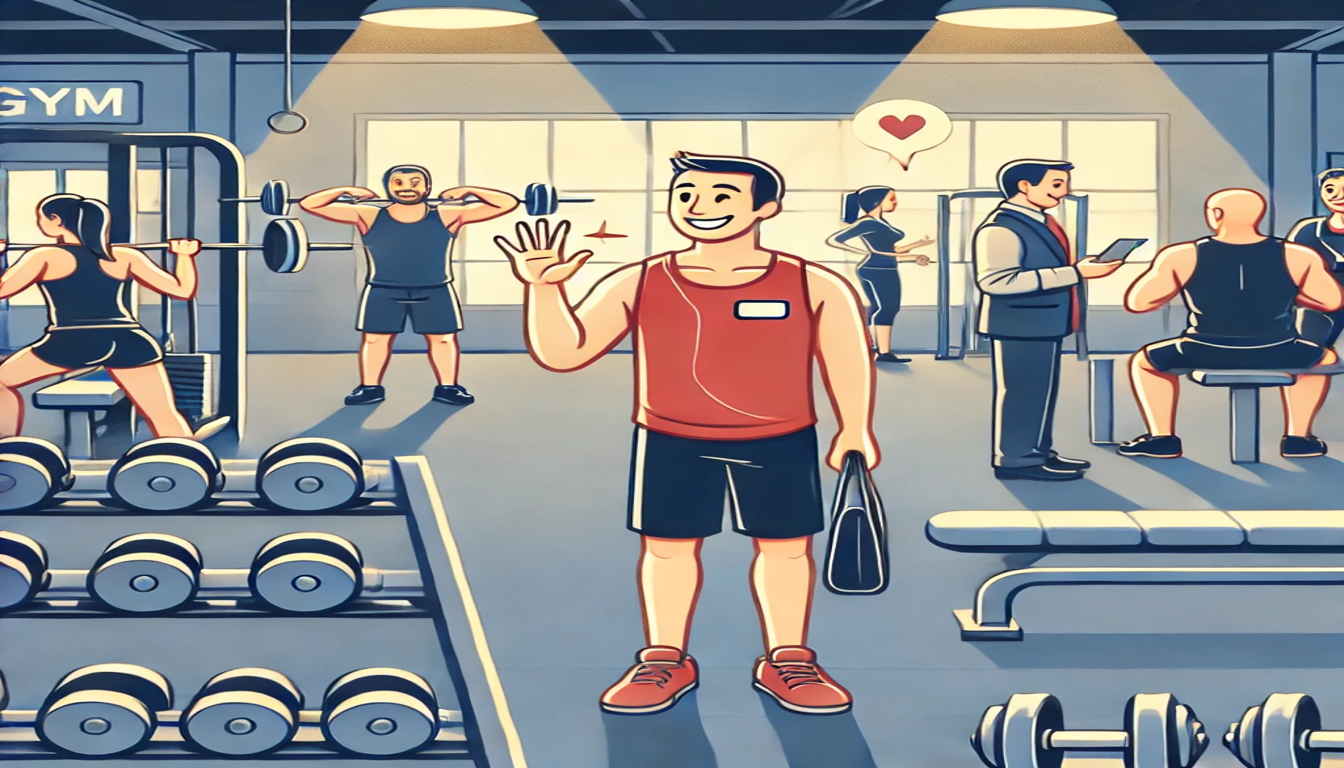 A poster of a man standing in the gym, there are people working out, a trainer coaching, and people talking. There are weights, like dumbbells and barbells.