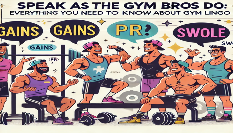 Speak as the gym bros do: everything you need to know about gym lingo poster. There is a group of muscular men standing, flexing, and talking in gym lingo.