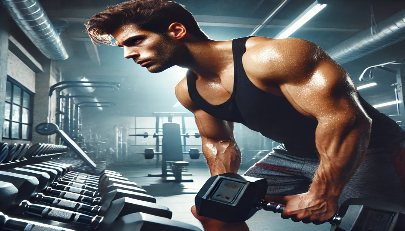 A man standing in a gym, bent over holding a dumbbell in front of a dumbbell rack.