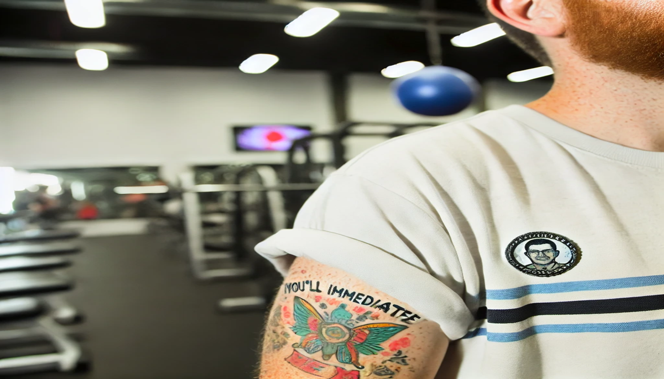 A closeup of a mans shoulder tattoo, he is standing in a gym. For tattoos to avoid due to regret.