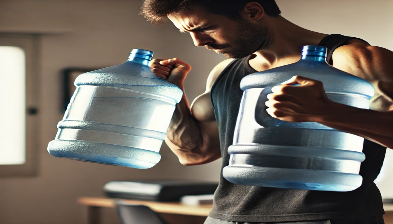 A man curling two water jugs instead of dumbbells.