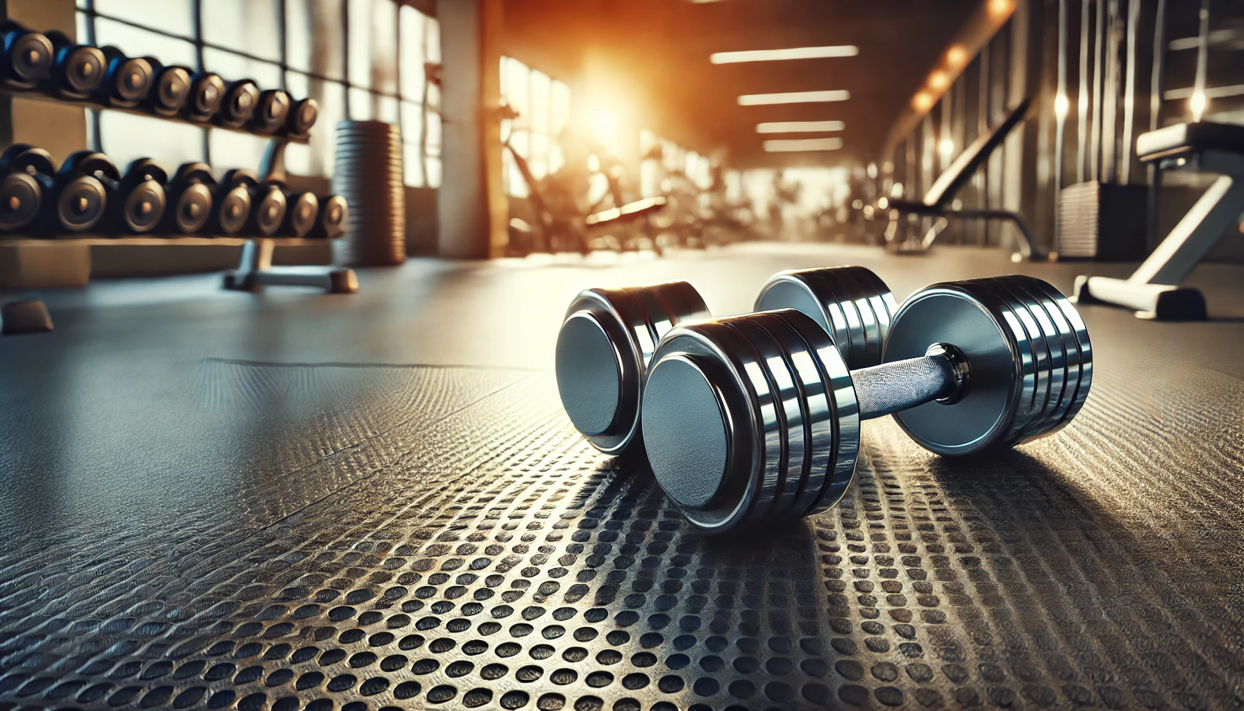 A diverse group of people performing dumbbell workouts in a bright, modern gym with exercise mats and healthy food items in the background.