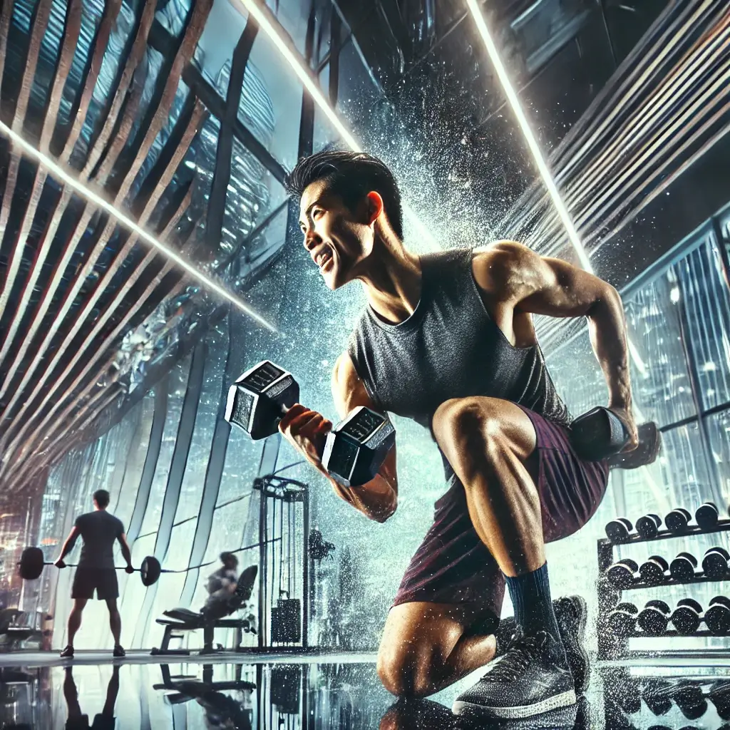 A fit man kneeling on the ground, he's holding two dumbbells. He is in a very modern gym space. The article is gets abs fast dumbbell workouts.