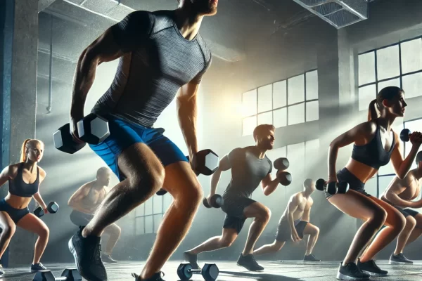 A group of people working out, doing a hiit workout with dumbbells.