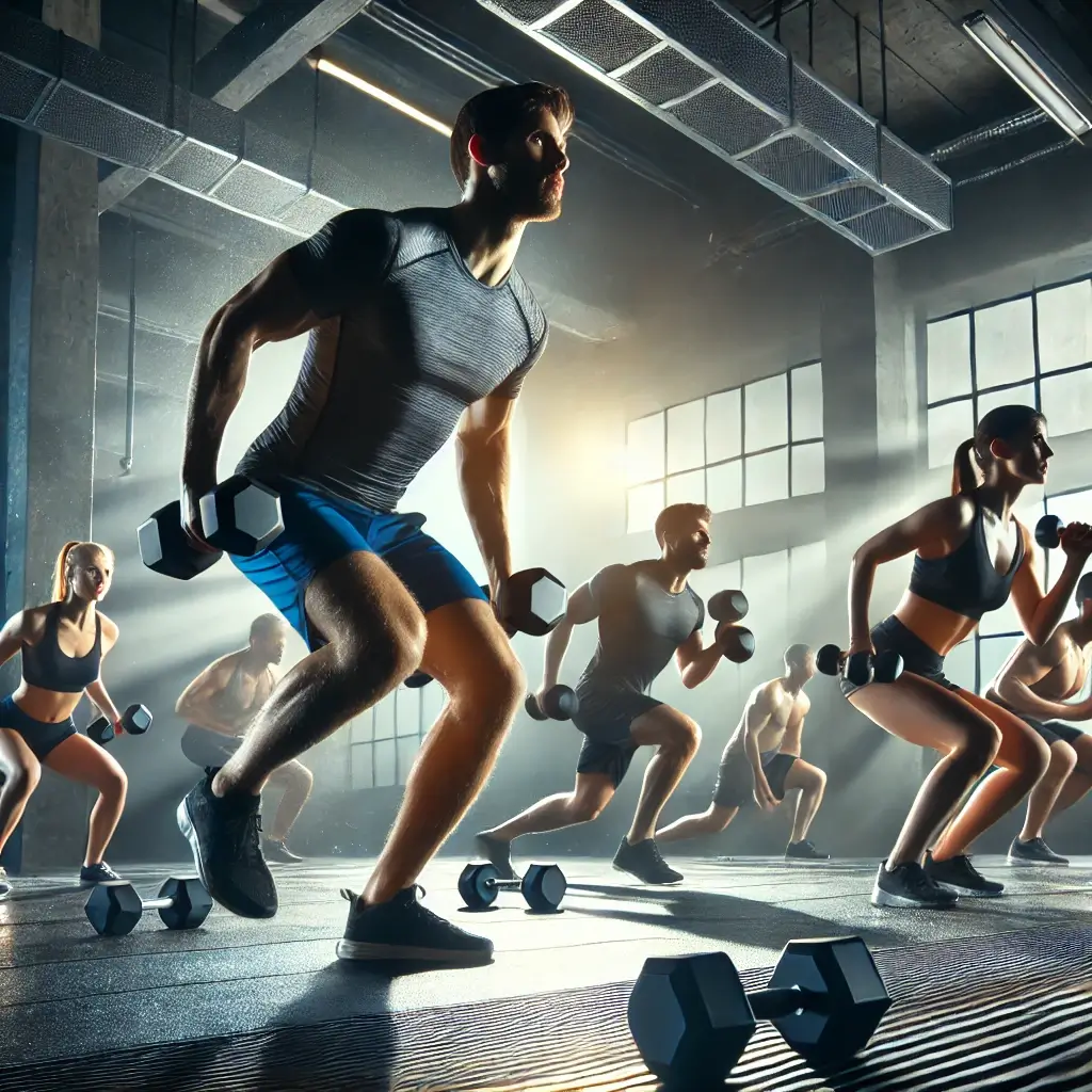 A group of people working out, doing a hiit workout with dumbbells.