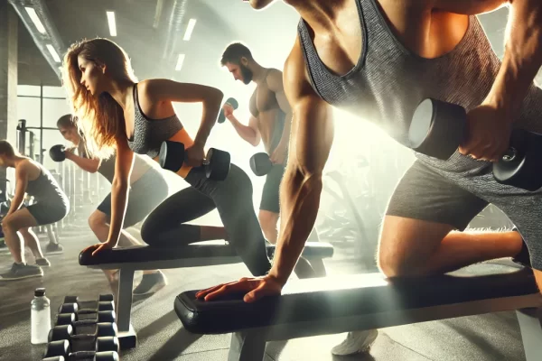 A gym scene with people doing dumbbell workouts, focusing on calorie burning.