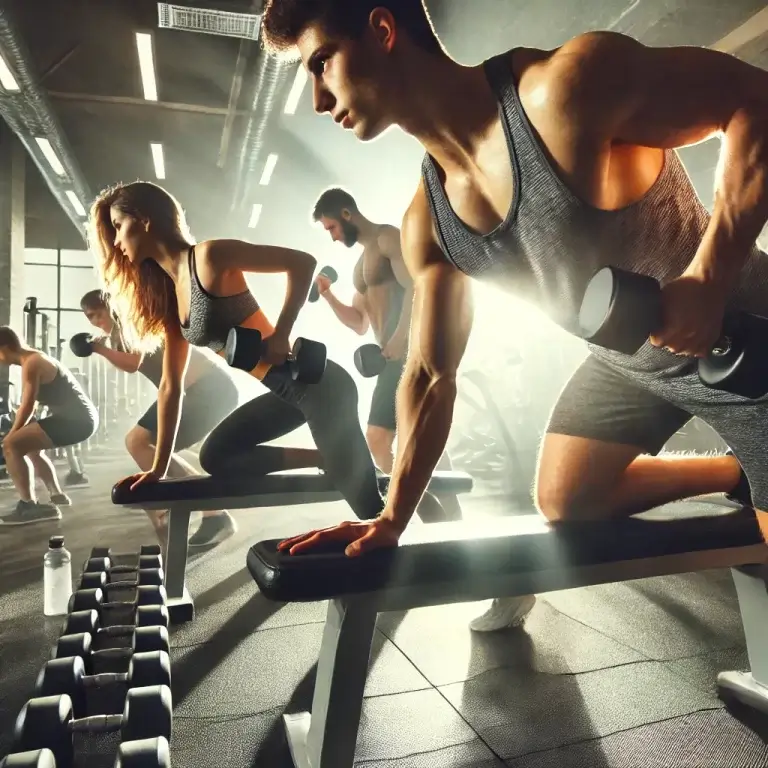 A gym scene with people doing dumbbell workouts, focusing on calorie burning.