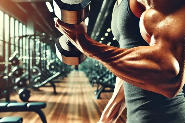 A man doing an arm workout, bicep curling with dumbbells in each arm. He's standing in a gym.