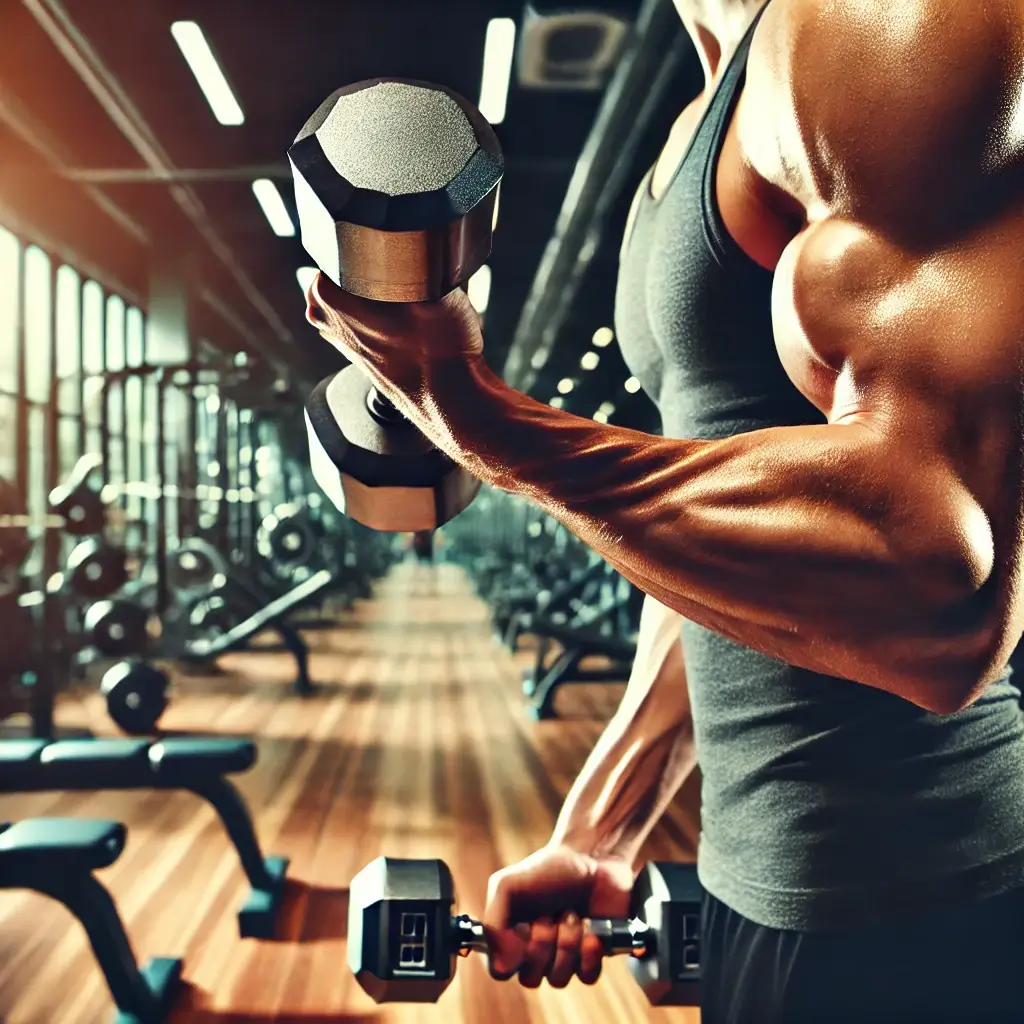 A man doing an arm workout, bicep curling with dumbbells in each arm. He's standing in a gym.