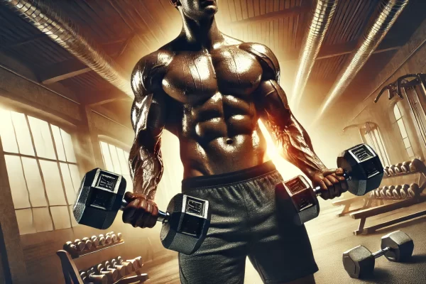 A muscular man holding a dumbbell in either arm, standing in a gym.