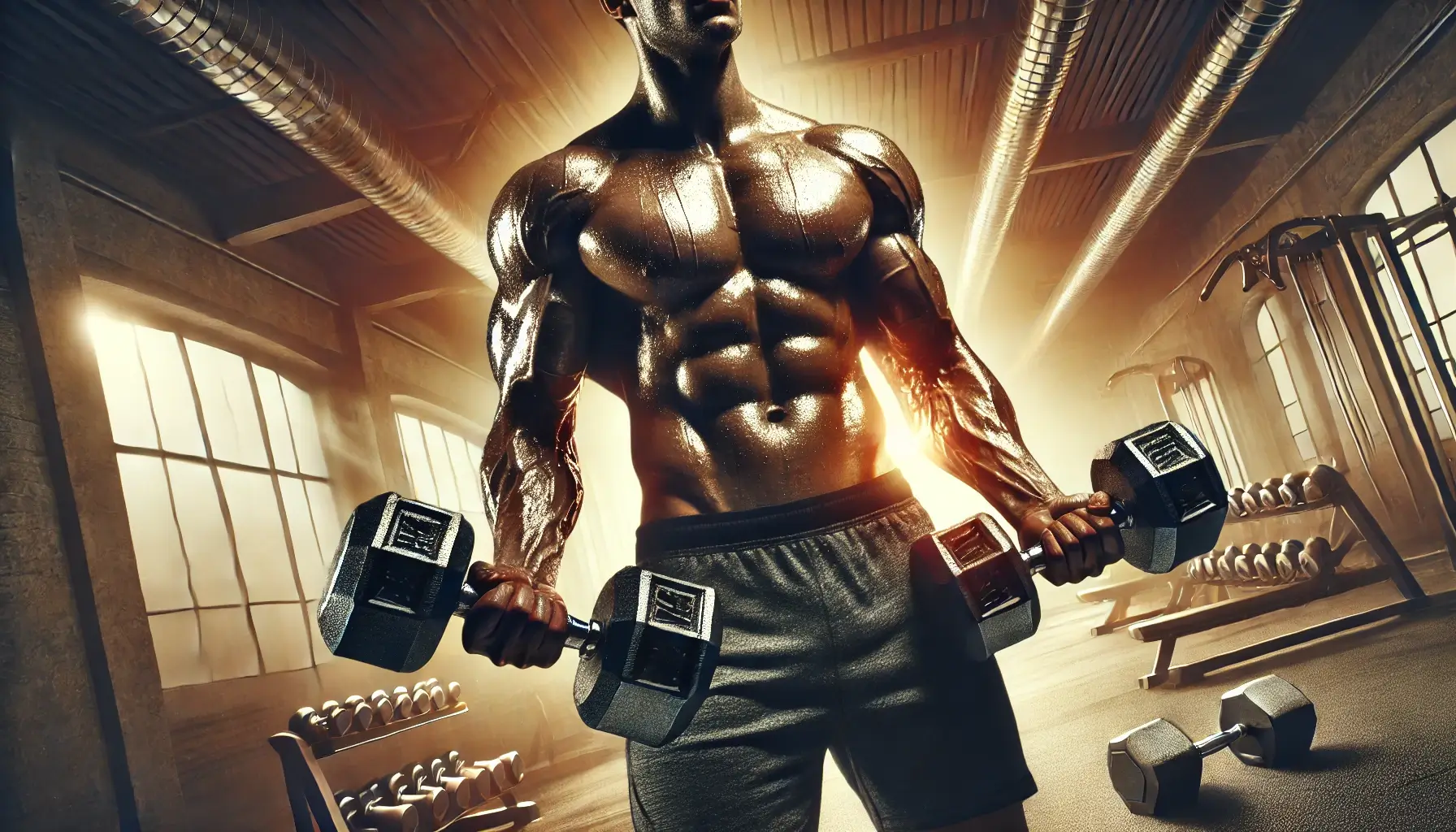 A muscular man holding a dumbbell in either arm, standing in a gym.