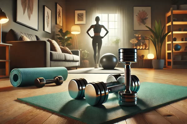 A living room, with a yoga mat in the foreground. On the mat are a set of dumbbells. Another rolled up yoga mat and a dumbbell sit next to this. In the background there is a woman's silhouette from the light shining through the window.