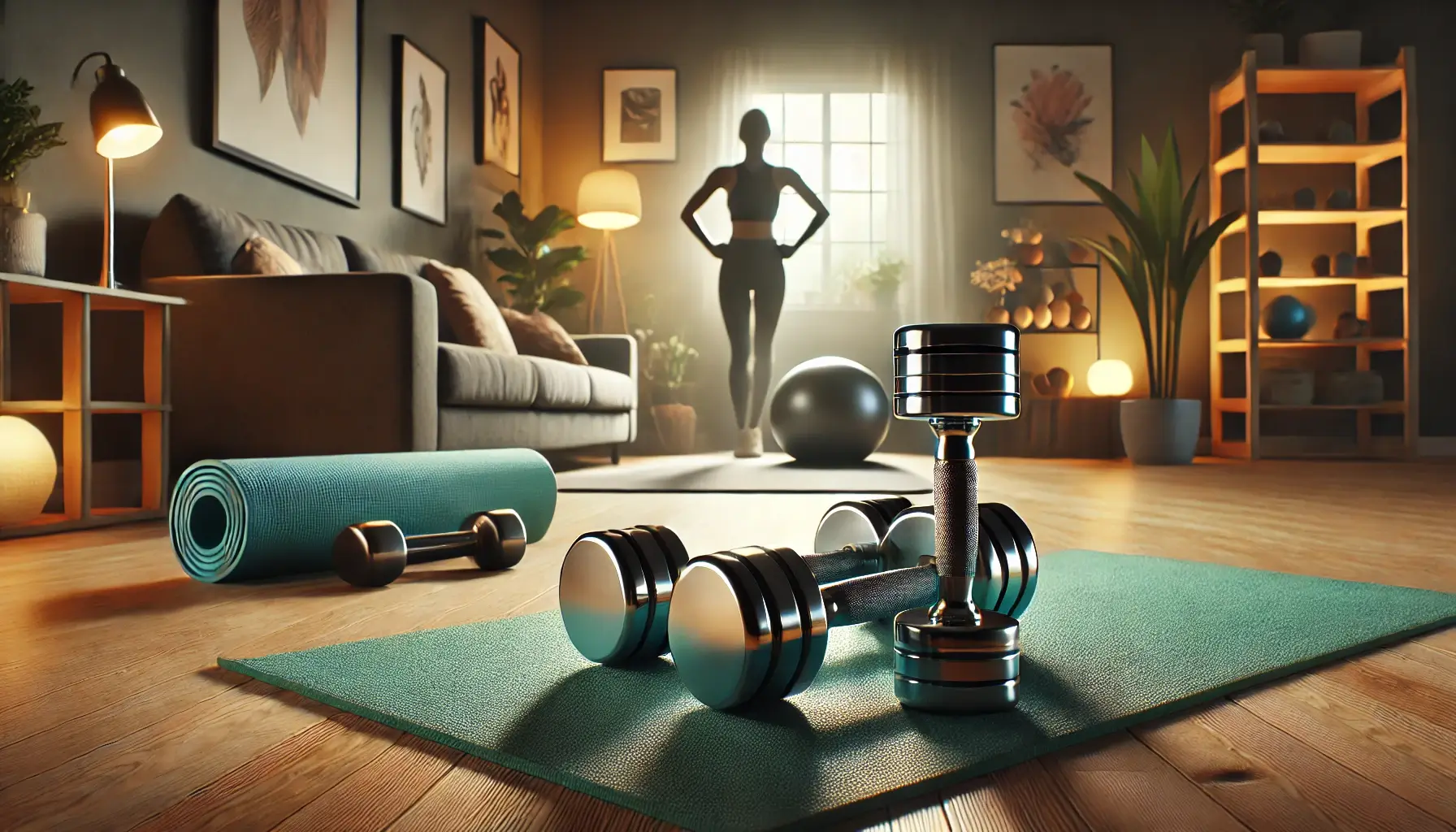 A living room, with a yoga mat in the foreground. On the mat are a set of dumbbells. Another rolled up yoga mat and a dumbbell sit next to this. In the background there is a woman's silhouette from the light shining through the window.