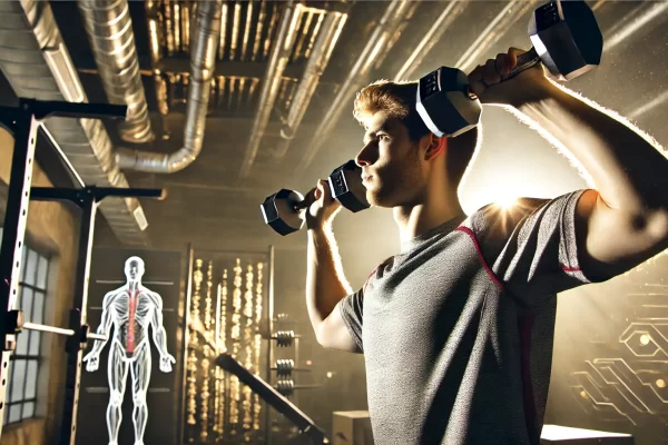 A man holding a pair of dumbbells. He is doing dumbbell shoulder presses. It looks like he is standing in a gym.