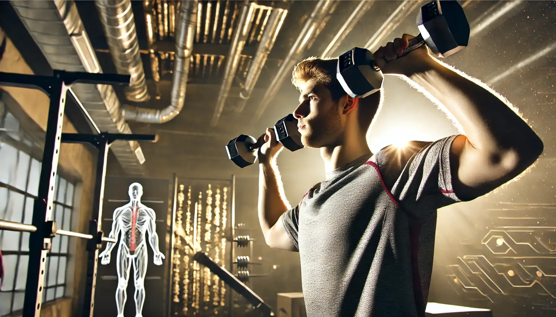 A man holding a pair of dumbbells. He is doing dumbbell shoulder presses. It looks like he is standing in a gym.