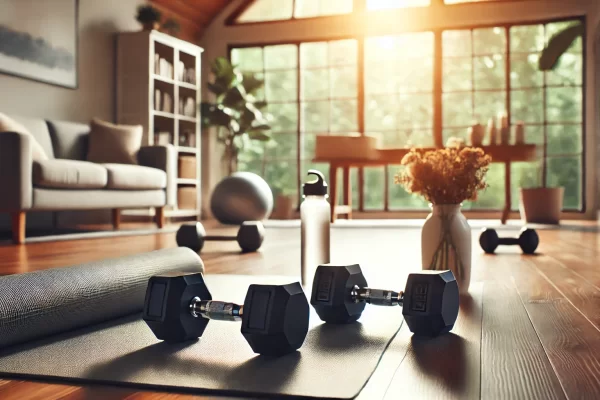 A peaceful looking Livingroom space, with a half-rolled up yoga mat in the foreground along with a pair of dumbbells. A warm golden light is shining through the window.