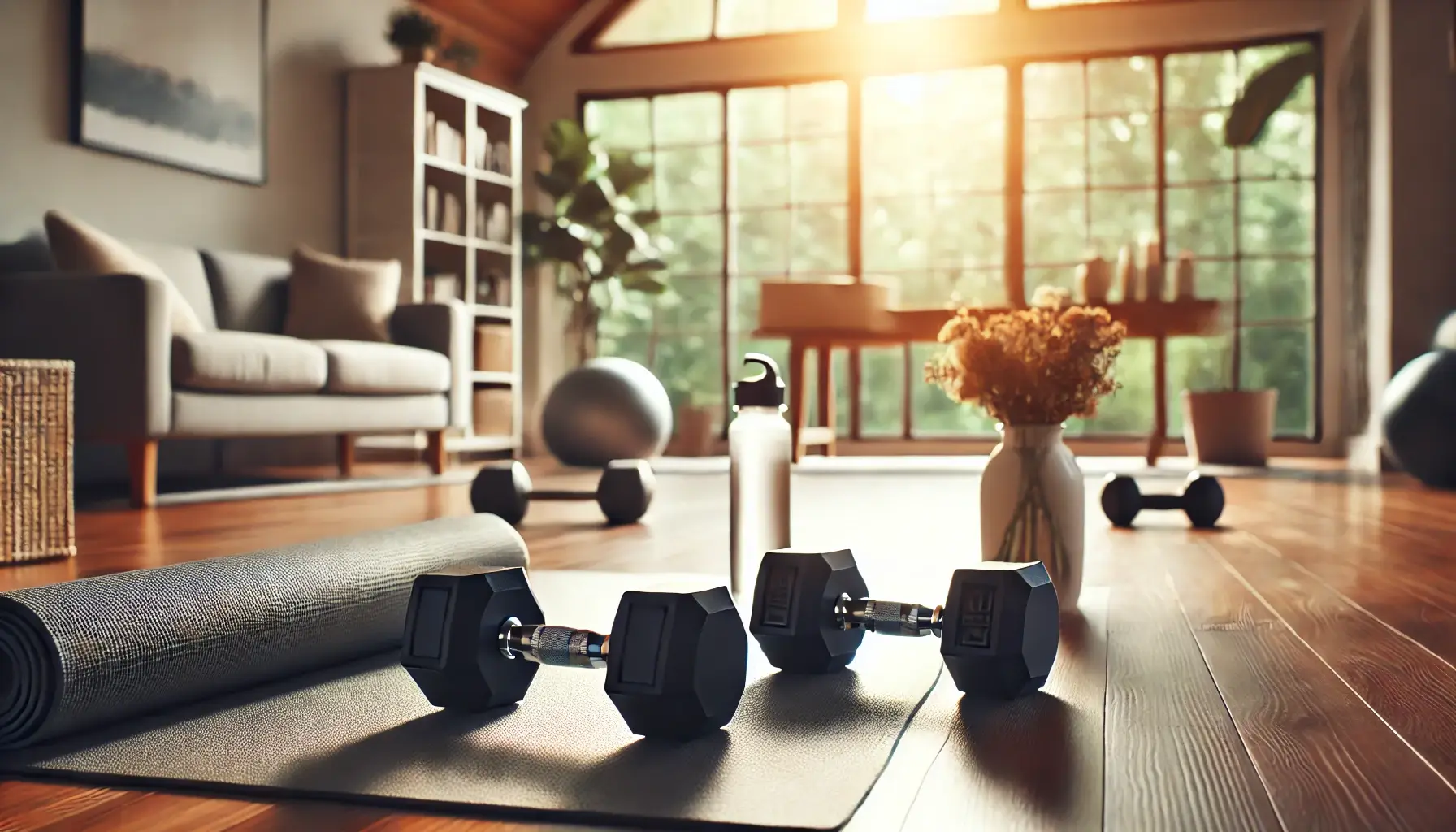 A peaceful looking Livingroom space, with a half-rolled up yoga mat in the foreground along with a pair of dumbbells. A warm golden light is shining through the window.