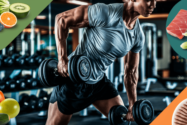 A muscular person doing dumbbell rows in a gym setting. There are graphics of various foods surrounding them. The title is weight loss diet: dumbbells & fat burning foods. Some of the foods are fruits, meat and veggies.