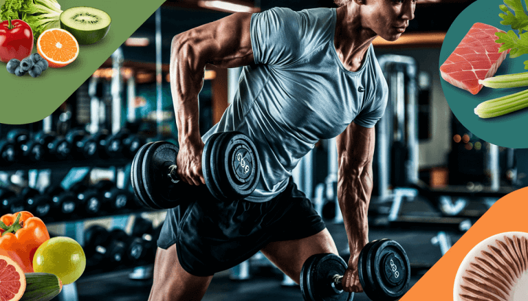 A muscular person doing dumbbell rows in a gym setting. There are graphics of various foods surrounding them. The title is weight loss diet: dumbbells & fat burning foods. Some of the foods are fruits, meat and veggies.