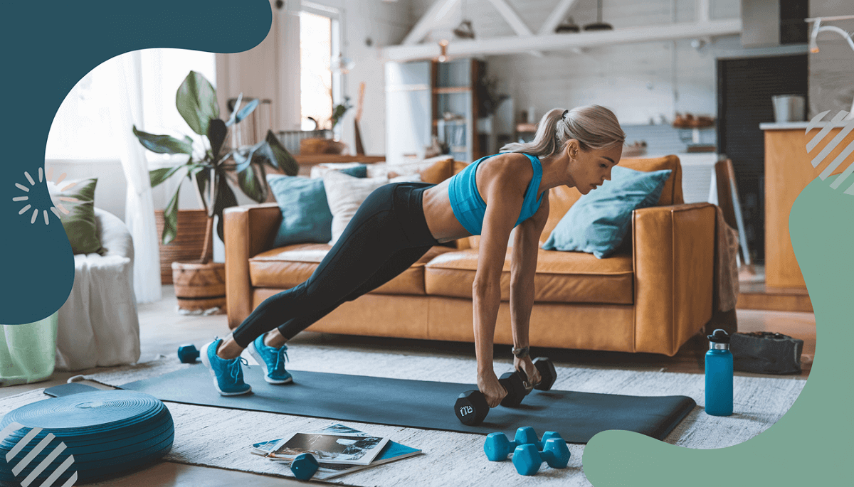 A woman in her living room supporting herself with dumbbells as she does a lower glute workout. She is on a yoga mat in her living room.