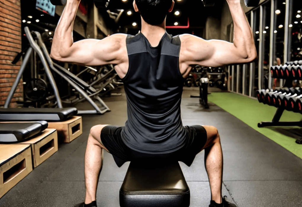 The back view of a man doing the Arnold press with a pair of dumbbells. He is sitting on a bench in the middle of a gym. There are weights and cardio equipment in the background.