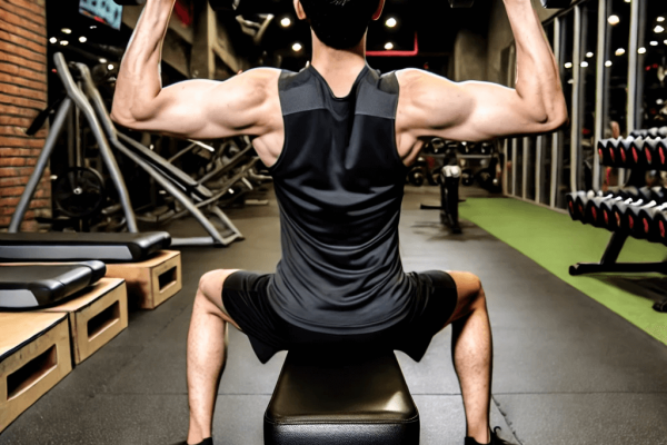 The back view of a man doing the Arnold press with a pair of dumbbells. He is sitting on a bench in the middle of a gym. There are weights and cardio equipment in the background.